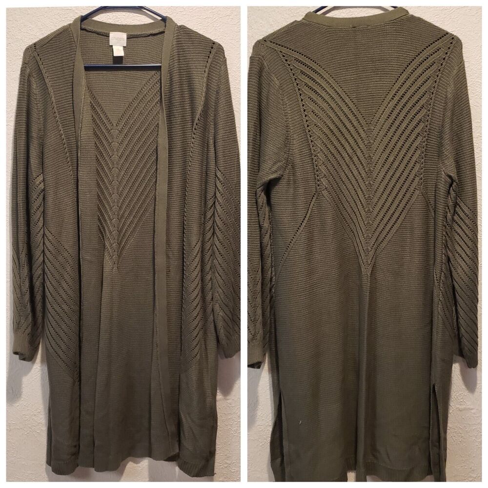 Chico's Size 3 Long Open Front Cardigan Olive Green Acrylic Classic